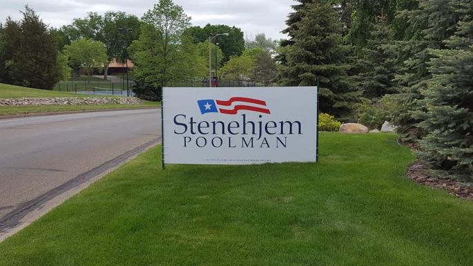 Stenehjem-Poolman sign on Ward Road in west Bismarck--about twice the size allowed by law.